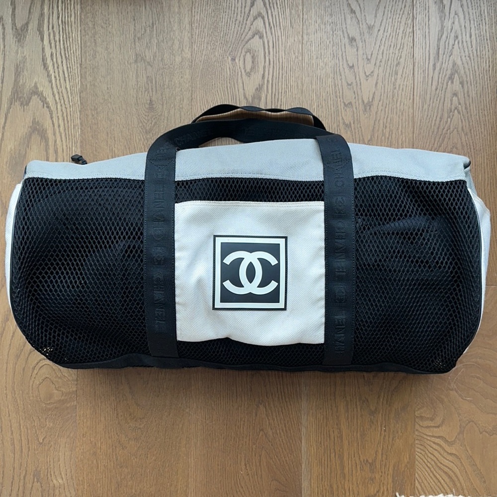 Chanel Sports CC Logo Duffle Nylon Mesh Black Grey Gray Gym Tennis Travel Bag